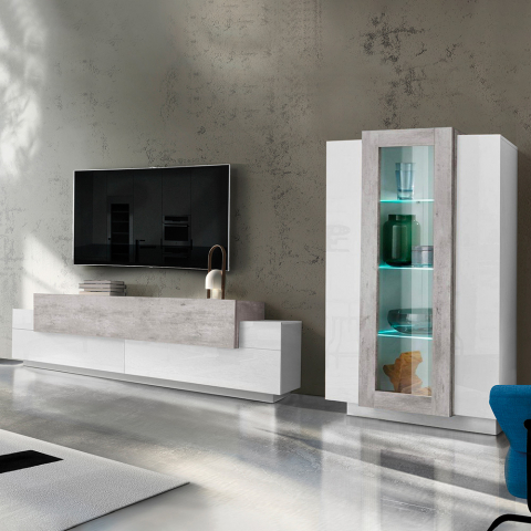 Meuble TV de Salon et chambre design moderne Blanc Gris Corona Promotion