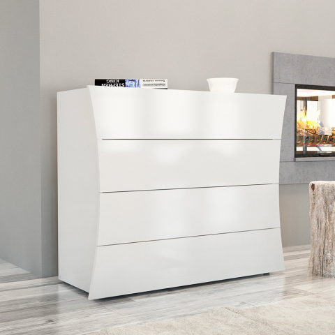 Commode chambre salon design 4 tiroirs blanc brillant Arco Draw Promotion