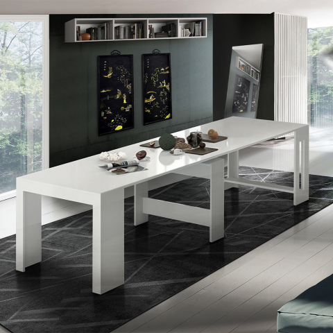Glanzend witte uitschuifbare eettafel 90-300x51cm consoletafel design Pratika White