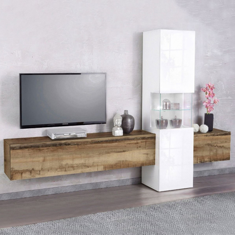 Meuble TV salon design en bois blanc armoire colonne Incontro Light Promotion