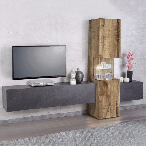 Meuble TV de salon ardoise bois avec vitrine colonne Incontro Wall Promotion