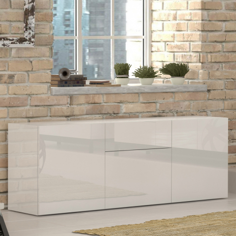 Buffet de salon cuisine 170cm tiroir 3 portes blanc brillant Metis Four Promotion