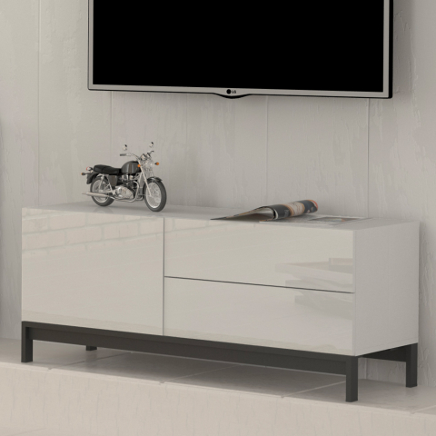 Meuble TV de salon design moderne 2 tiroirs blanc brillant Metis Up Promotion