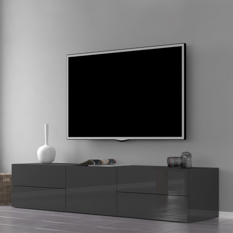 Meuble TV de salon 4 tiroirs design anthracite brillant Metis Living Report Promotion