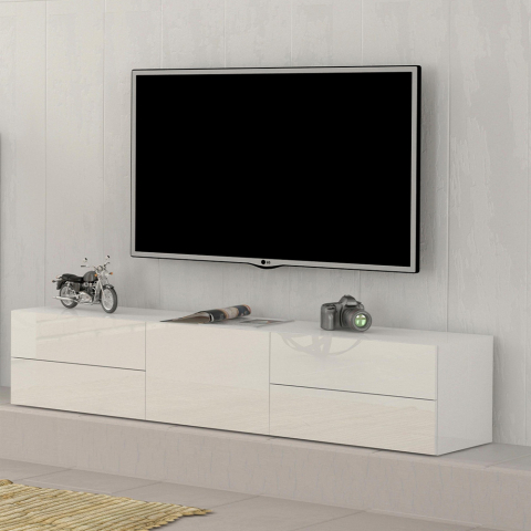 Meuble TV de salon design blanc brillant 170cm 4 tiroirs Metis Living Promotion
