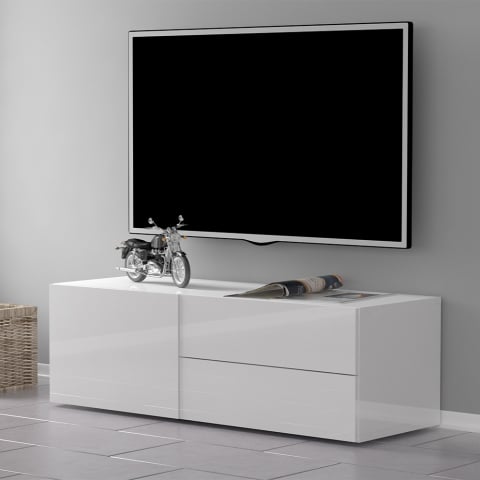 Meuble TV Salon Design Compartiment 2 Tiroirs 110cm Blanc Brillant Metis
