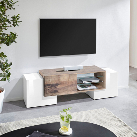 Meuble TV design moderne 3 placards 2 étagères Pillon Acero M Promotion
