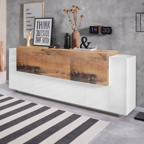Buffet salon cuisine design moderne bois blanc 220cm New Coro Wide Promotion