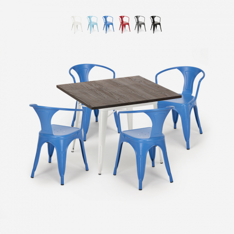 table 80x80cm design industriel + 4 chaises style bar cuisine hustle white Promotion