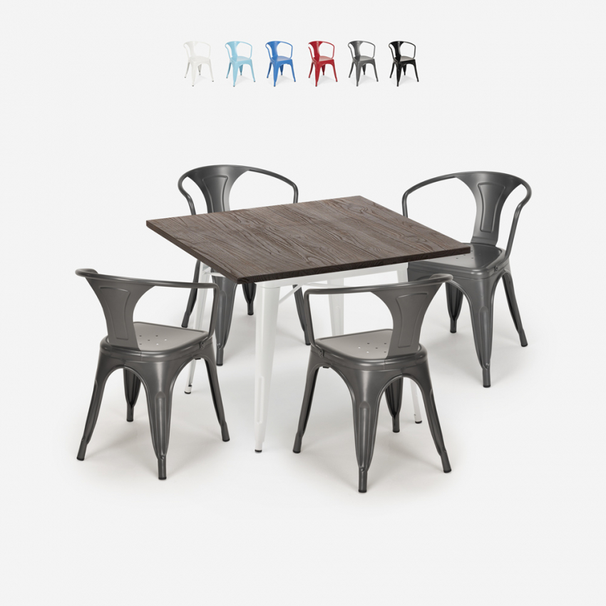 Ensemble table 80x80cm design industriel + 4 chaises style bar cuisine hustle white Remises Ensemble table 80x80cm design industriel + 4 chaises style bar cuisine hustle white Remises