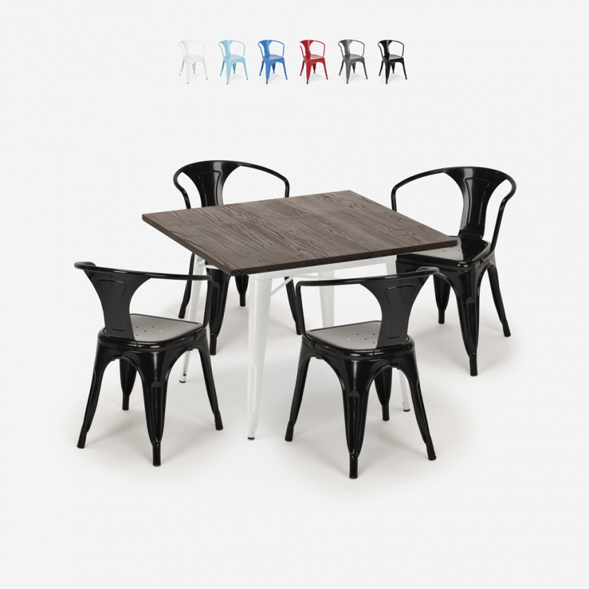 industrieel design tafel set 80x80cm 4 stoelen stijl bar keuken hustle white Kortingen