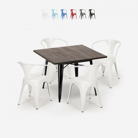 Table 80x80cm + 4 Chaises design industriel style tolix cuisine et bar Hustle Black