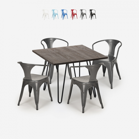 set van 4 stoelen stijl tafel 80x80cm industrieel design bar keuken reims dark Aanbieding