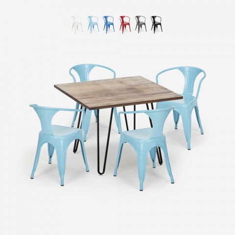 set industrieel design tafel 80x80cm 4 stoelen stijl keuken bar reims Aanbieding