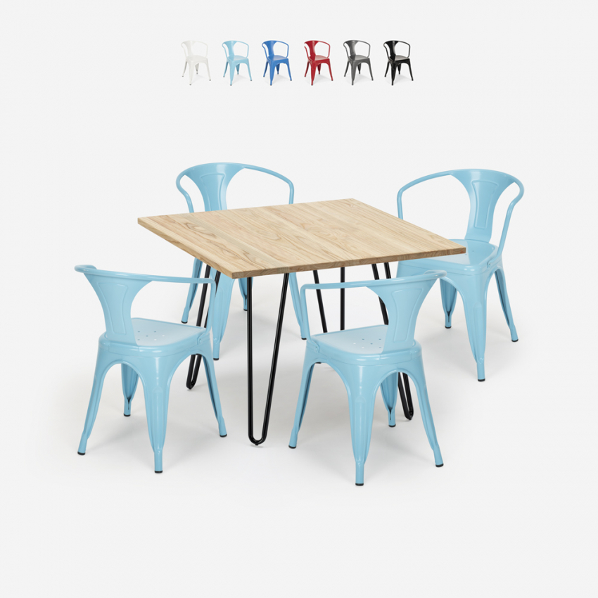 Set met tafel 80x80 cm en 4 stoelen in industrieel design Reims Light Verkoop