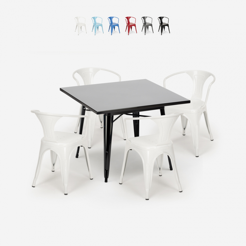 Ensemble table noire 80x80 + 4 chaises style bar restaurant century black Offre