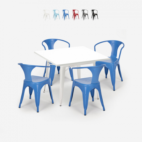table blanc acier 80x80 + 4 chaises style Lix de bar century white Promotion