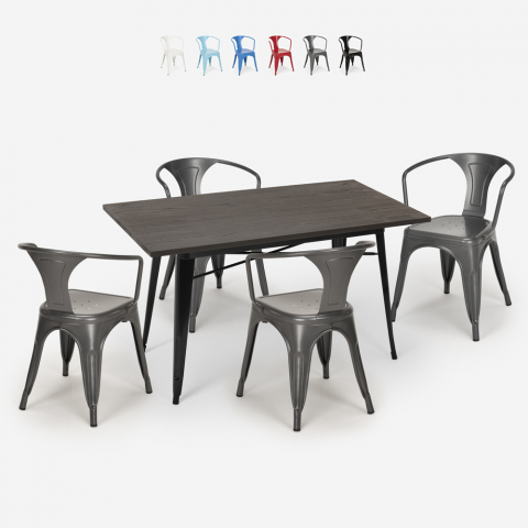 Ensemble Table 120x60cm Design Industriel 4 Chaises Style Tolix Cuisine Bar Caster
