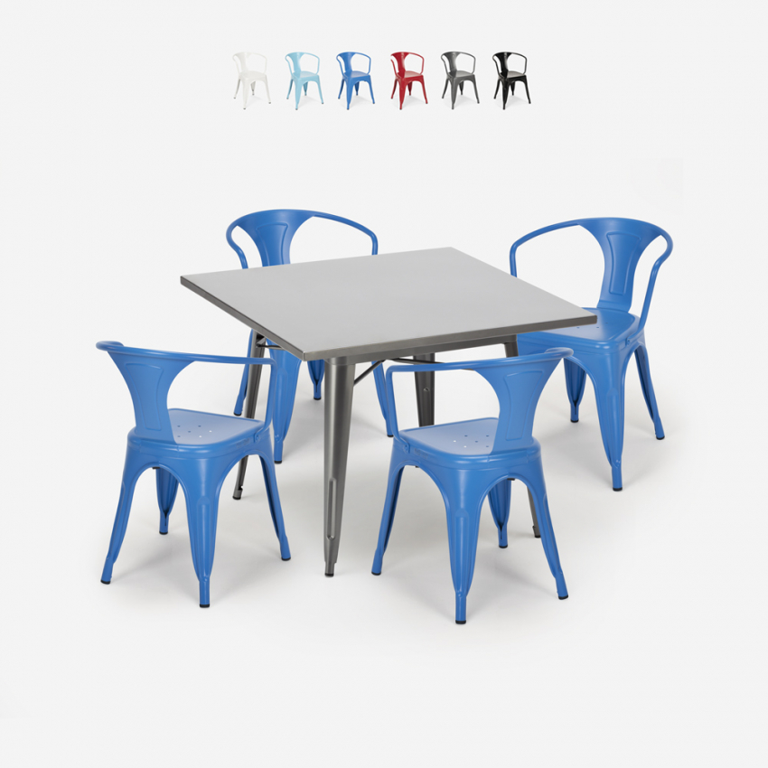 Industriële stijl set met stalen tafel 80x80 cm en 4 stoelen Century Korting Industriële stijl set met stalen tafel 80x80 cm en 4 stoelen Century Korting