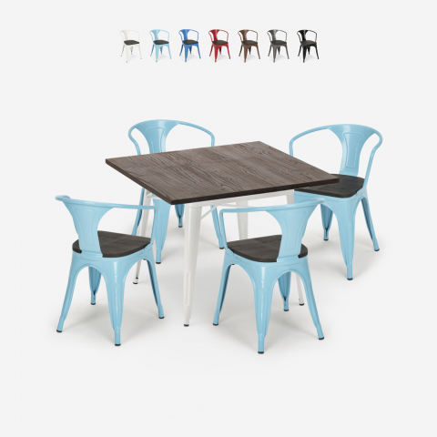 Table 80x80 + 4 Chaises style Tolix Industriel cuisine et bar Hustle Wood White
