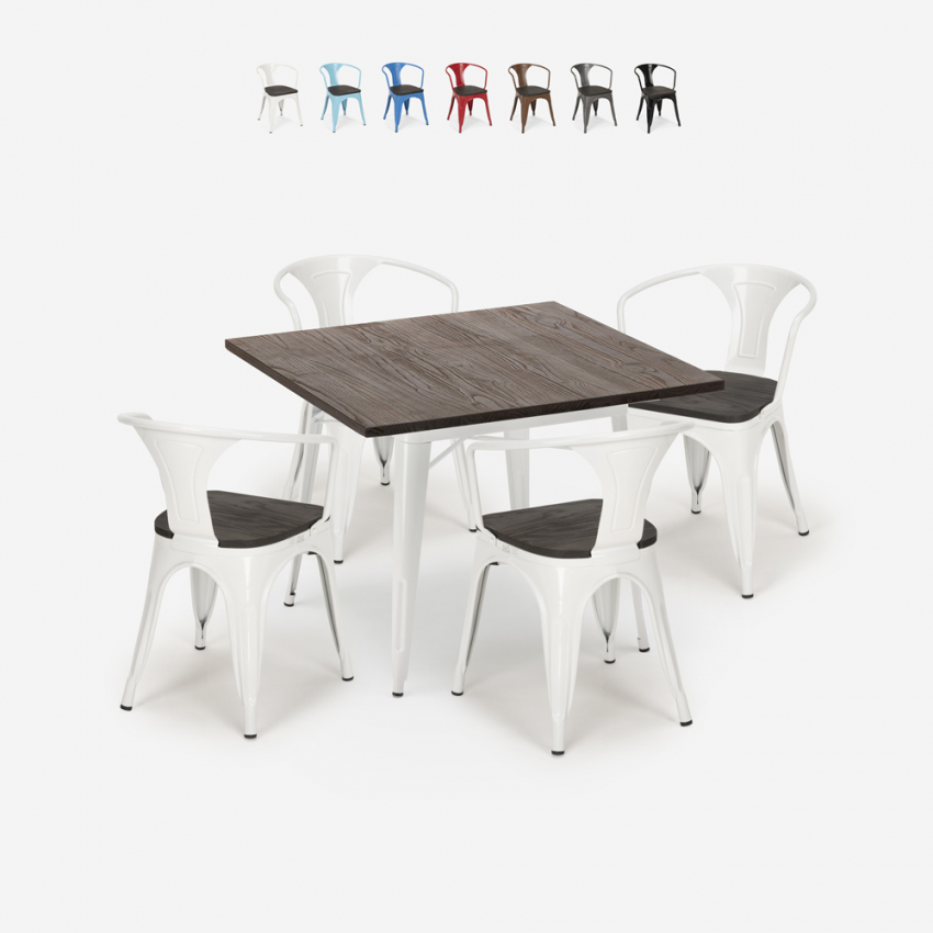 table 80x80 + 4 chaises style Lix industriel cuisine et bar hustle wood white Vente