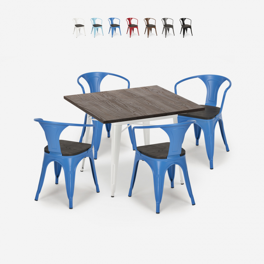 table 80x80 + 4 chaises style industriel cuisine et bar hustle wood white Offre