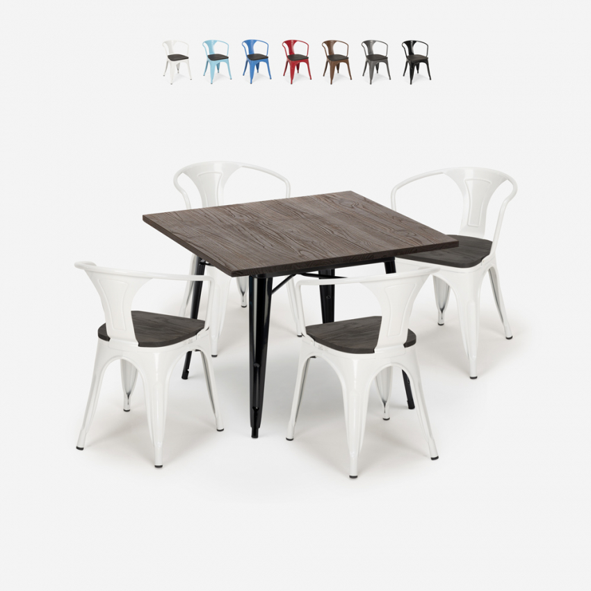 industriële set keukentafel 80x80cm 4 stoelen hout metaal hustle wood black Aanbieding