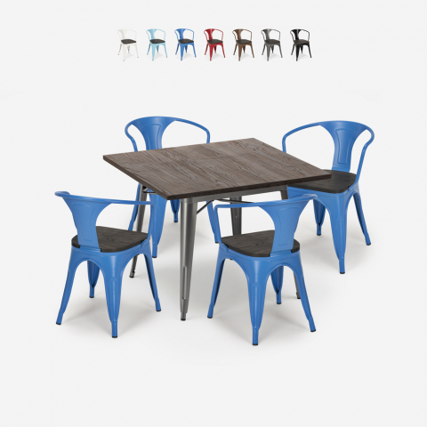set keuken industrieel tafel 80x80cm 4 stoelen hout metaal hustle wood Aanbieding