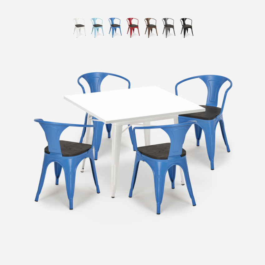 table blanche 80x80 + 4 chaises style industriel bois century wood white Remises