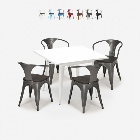 set keukentafel 80x80cm 4 stoelen Lix stijl industrieel hout staal century wood white Aanbieding