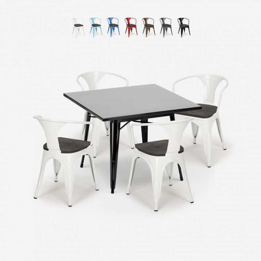 industriële set tafel 80x80cm 4 stoelen stijl Lix hout staal keuken century wood black Aanbod