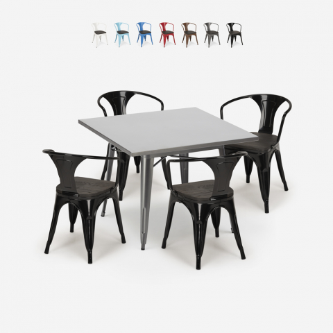 table 80x80 + 4 chaises style Lix industriel bois métal cuisine bar century wood Promotion