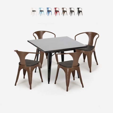 Table Noire 80x80 + 4 Chaises Style Tolix Industriel cuisine restaurant bar Century Wood Black Promotion
