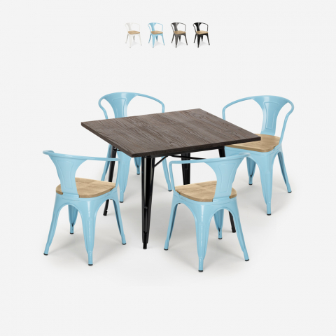 Industriële set houten tafel 80x80cm 4 metalen tolix stoelen Hustle Black Top Light Aanbieding