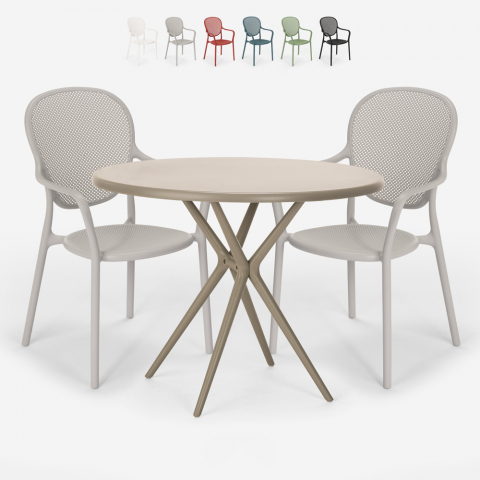 Ensemble Table Ronde Beige 80cm 2 Chaises Design Moderne Extérieur Valet