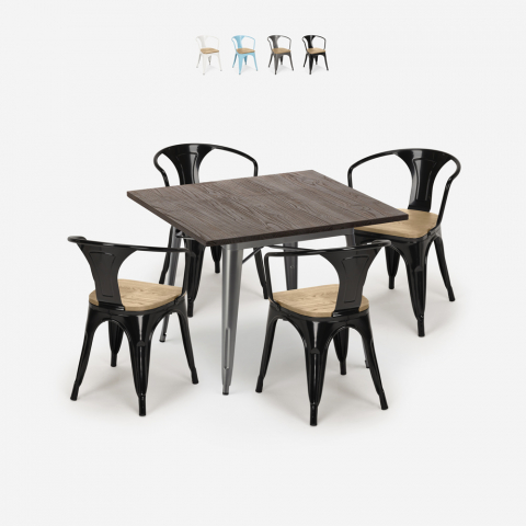 table cuisine 80x80cm + 4 chaises style bois industriel hustle top light Promotion