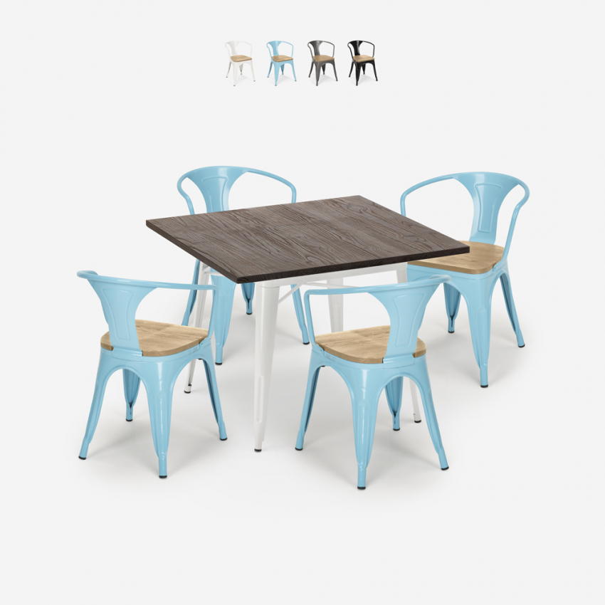 table cuisine restaurant 80x80cm + 4 chaises style bois hustle white top light Vente table cuisine restaurant 80x80cm + 4 chaises style bois hustle white top light Vente