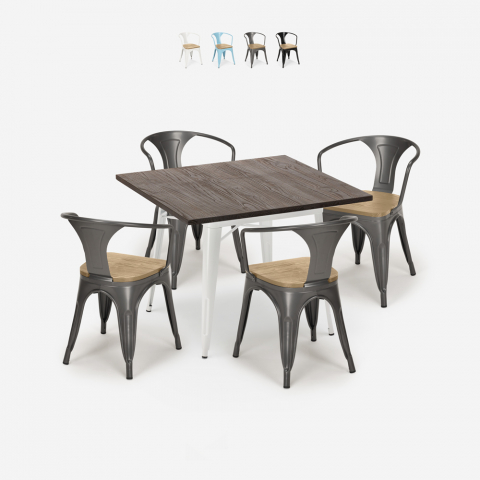 industriële keukentafel set 80x80cm 4 houten stijl stoelen hustle white top light Aanbieding
