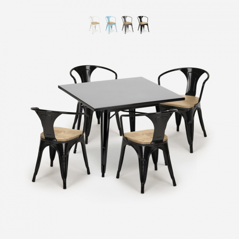 zwart metalen keukentafel set 80x80cm 4 Lix stoelen century black top light Aanbieding