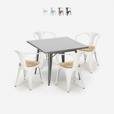 Industriële keuken set tafel 80x80cm 4 houten metalen tolix stoelen Century Top Light Aanbieding