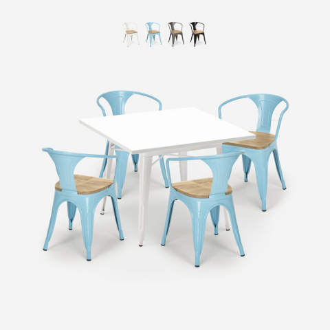 set van 4 industriële Lix stoelen houten tafel staal keuken 80x80cm century white top light Aanbieding