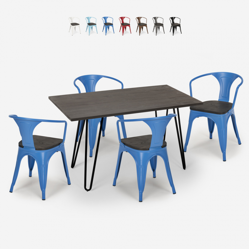Set met tafel 120x60 cm en 4 stoelen in industriële stijl van staal en hout Wismar Wood Aanbod