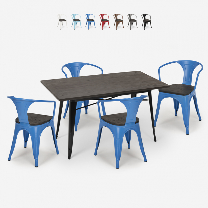 Set met industrieel design tafel 120x60 cm en 4 stoelen Caster Wood Aanbod