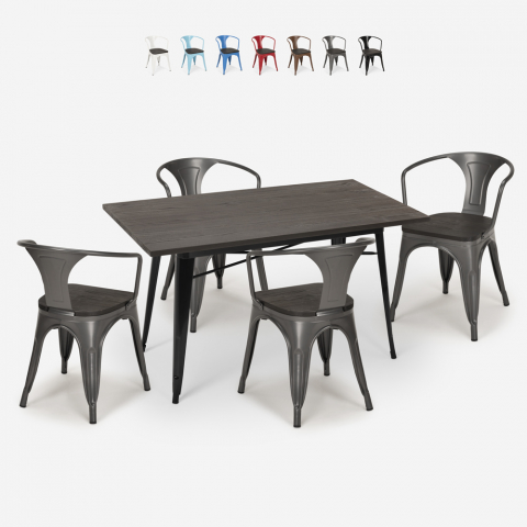 set van 4 stoelen houten tafel 120x60cm industriële eetkamer caster wood Aanbieding
