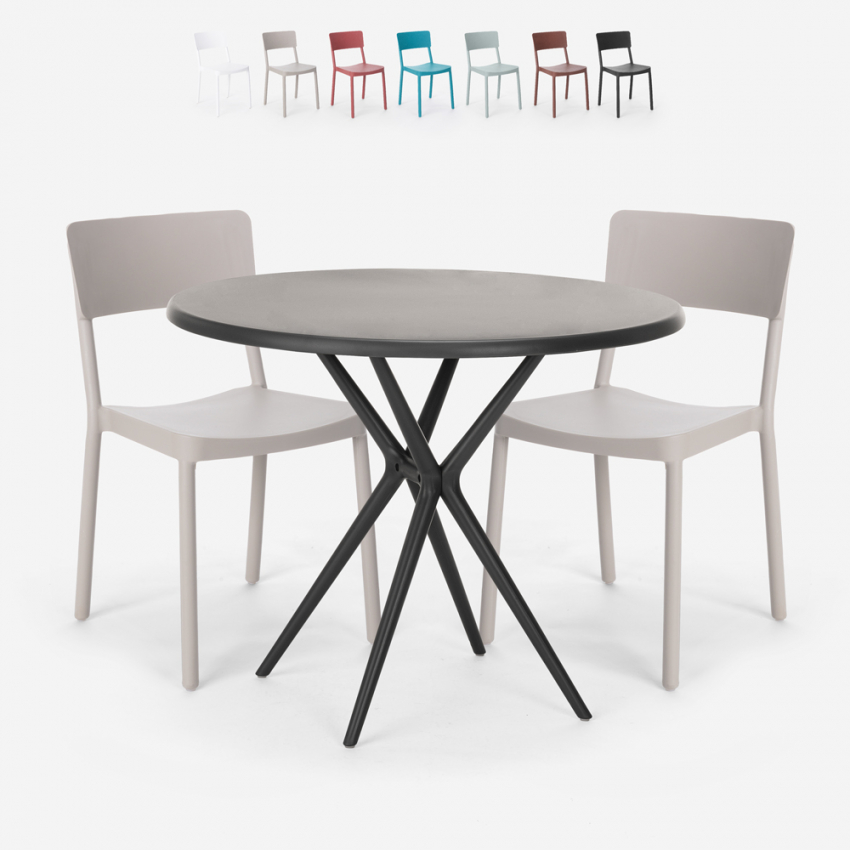 Set met ronde zwarte tafel 80x80 cm en 2 stoelen in modern design Aminos Dark Voorraad Set met ronde zwarte tafel 80x80 cm en 2 stoelen in modern design Aminos Dark Voorraad
