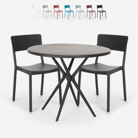 Ensemble Table Ronde Noire 80cm et 2 Chaises Design Moderne pour jardin restaurant bar Aminos Dark