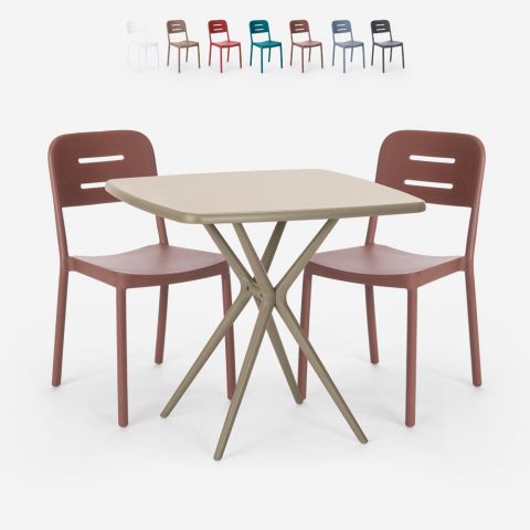Ensemble Table Carrée Beige Polypropylène 70x70cm et 2 Chaises Design pour jardin restaurant bar Larum Promotion