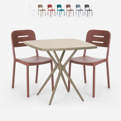 Set met vierkante beige polypropyleen tafel 70x70 cm en 2 design stoelen Larum Aanbieding