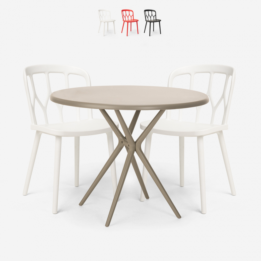 Set met 2 design stoelen en ronde beige tafel 80x80 cm van polypropyleen Kento Verkoop