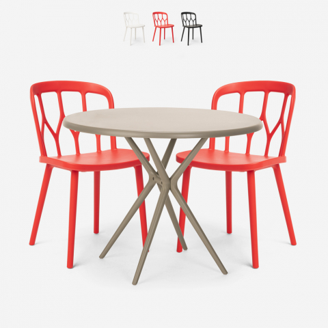 Set 2 stoelen polypropyleen design tafel 80x80cm rond beige Kento Aanbieding